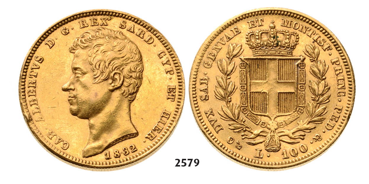 05.05.2013, Auction 2/2579. Italy, Sardinia, Carlo Roberto, 1831-1849, 100 Lire 1832-P, Genova, GOLD