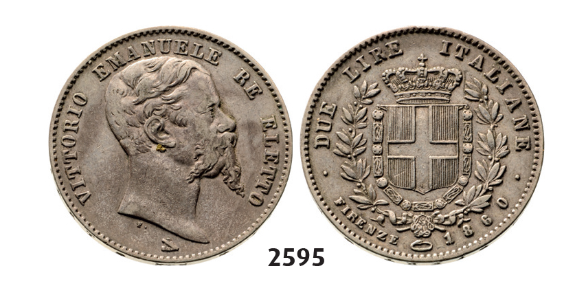 05.05.2013, Auction 2/2595. Italy, Tuscany, Vittorio Emanuele, 18591861 (United to Italian Provisional Government), 2 Lire 1860, Florence, Silver