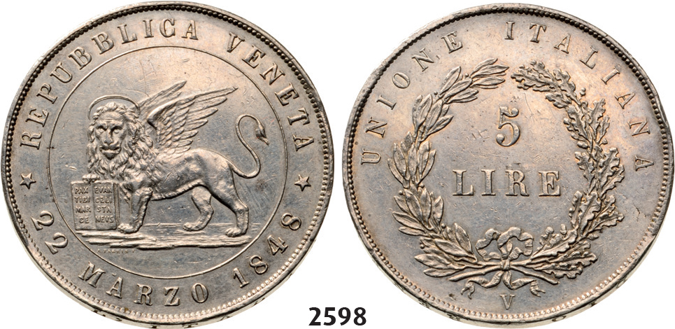 05.05.2013, Auction 2/2598. Italy, Provisional Government, 5 Lire 1848-V, Venice, Silver