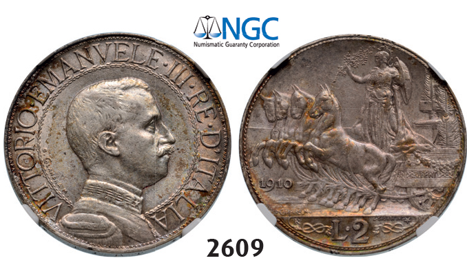 05.05.2013, Auction 2/2609 Italy, Kingdom, Vittorio Emanuele III, 1900-1946, 2 Lire 1910-R, Rome, Silver, NGC AU58