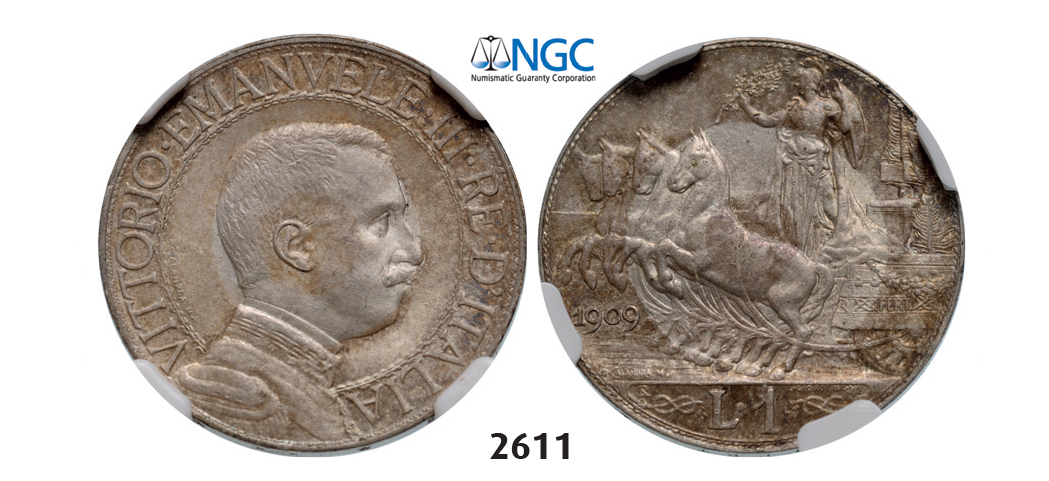 05.05.2013, Auction 2/2611. Italy, Kingdom, Vittorio Emanuele III, 1900-1946, Lira 1909-R, Rome, Silver, NGC MS62