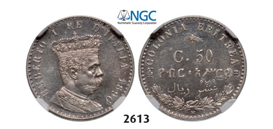 05.05.2013, Auction 2/2613. Italy, Eritrea, Umberto I, 1889-1900, 50 Centesimi 1890-M, Milan, Silver, NGC MS64