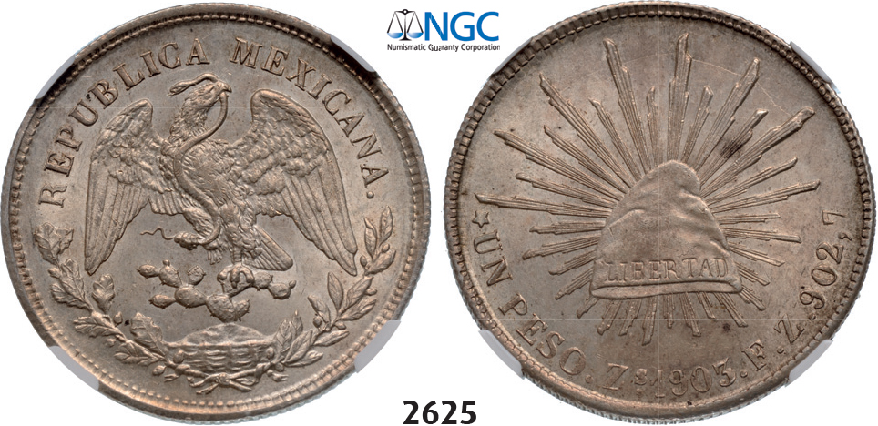 05.05.2013, Auction 2/ 2625. Mexico, Second Republic, 1867-1905, Peso 1903-Zs FZ, Zacatecas, Silver, NGC MS63
