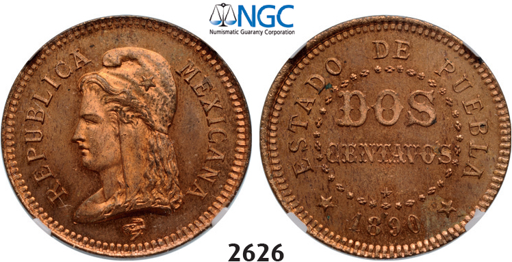 05.05.2013, Auction 2/2626. Mexico, Second Republic, 1867-1905, 2 Centavos 1890, Copper. Puebla, NGC MS64RD