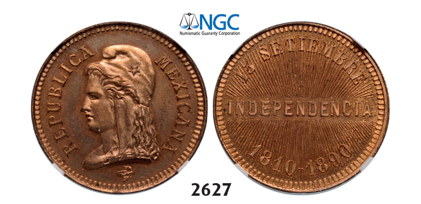 05.05.2013, Auction 2/2627. Mexico, Second Republic, 1867-1905, 2 Centavos 1890, Copper. Independencia, NGC MS64RD