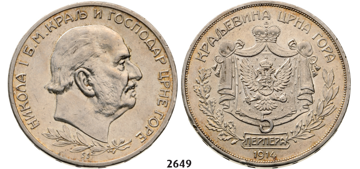 05.05.2013, Auction 2/ 2649. Montenegro, Nicholas I, 1860-­1918, 5 Perpera 1914, Vienna, Silver