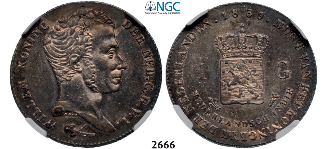 05.05.2013, Auction 2/2666. Netherlands, Netherlands East Indies, Kingdom of Netherlands, Dutch administration 1817-1949, William I, 1815-1840, Gulden 1839, Utrecht, Silver, NGC AU