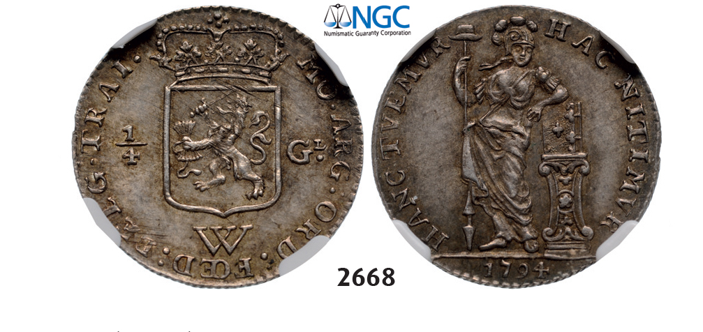 05.05.2013, Auction 2/2668. Netherlands, Netherlands West Indies, ¼ Gulden 1794, Utrecht, Silver, NGC AU55