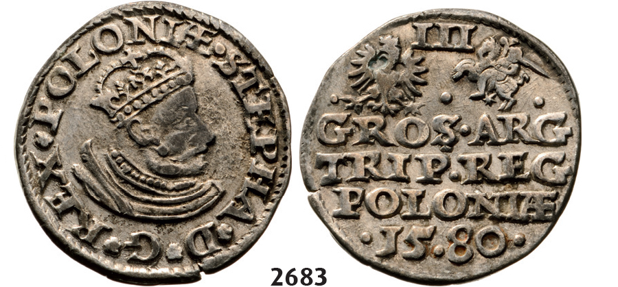 05.05.2013, Auction 2/2683. Poland, Stefan Bathory, 1575-1586, 3 Groschen (Trojak)1580, Olkusz, Silver