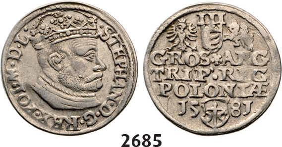 05.05.2013, Auction 2/ 2685. Poland, Stefan Bathory, 1575-1586, 3 Groschen (Trojak)1581, Olkusz, Silver