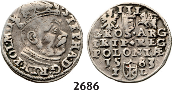 05.05.2013, Auction 2/2686. Poland, Stefan Bathory, 1575-1586, 3 Groschen (Trojak)1583-I/D, Olkusz, Silver