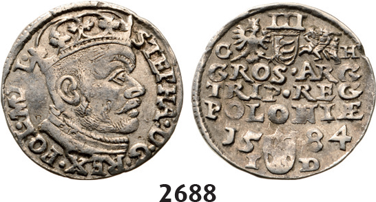 05.05.2013, Auction 2/2688. Poland, Stefan Bathory, 1575-1586, 3 Groschen (Trojak) 1584-I/D, Olkusz, Silver