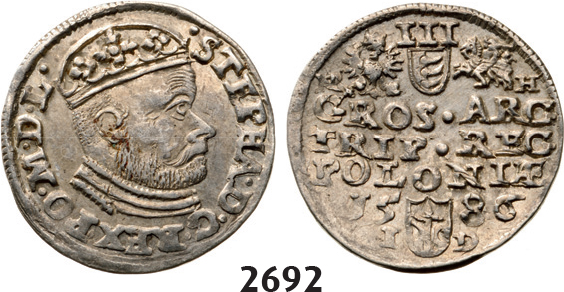05.05.2013, Auction 2/2692. Poland, Stefan Bathory, 1575-1586, 3 Groschen (Trojak) 1586-I/D, Olkusz, Silver