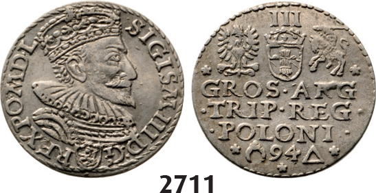 05.05.2013, Auction 2/2711. Poland, Sigismund III. Vasa, 1587­-1632, 3 Groschen (Trojak) 1594, Malbork (Marienburg) Silver