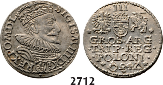 05.05.2013, Auction 2/2712. Poland, Sigismund III. Vasa, 1587­-1632, 3 Groschen (Trojak) 1594, Malbork (Marienburg) Silver