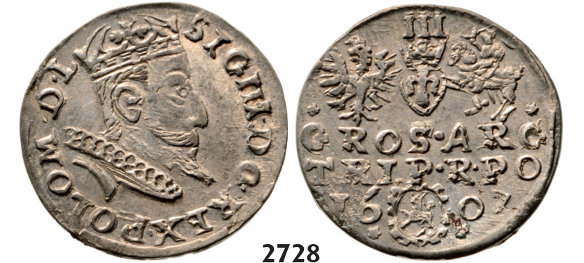 05.05.2013, Auction 2/2728. Poland, Sigismund III. Vasa, 1587-1632, 3 Groschen (Trojak) 1607, Cracow, Silver