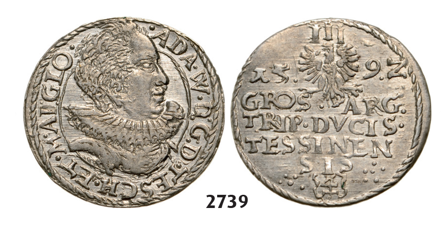 05.05.2013, Auction 2/2739. Poland, Duchy of Cieszyn (Silesia), Adam Waclaw, 1579-1617, 3 Groschen (Trojak) 1592, Silver