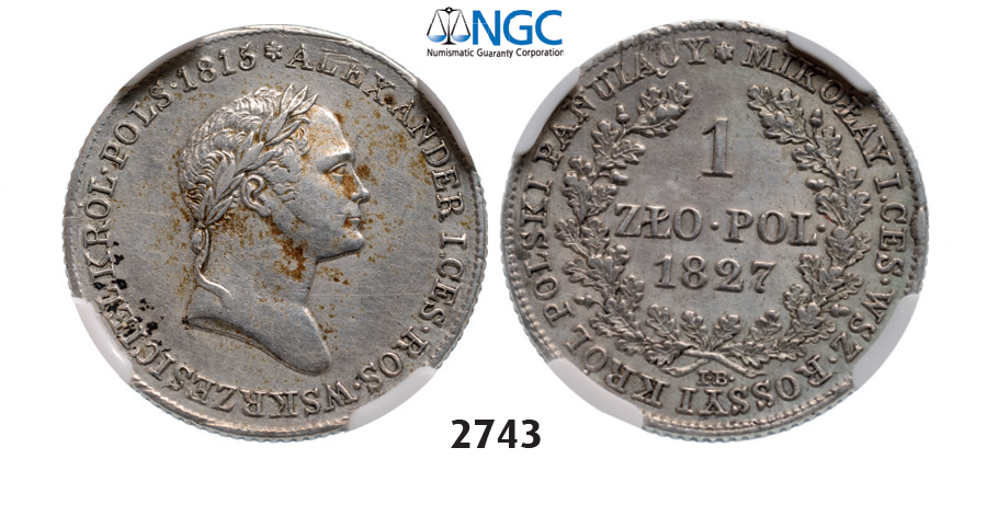 05.05.2013, Auction 2/2743. Poland, Congress Kingdom of Poland, Nicholas I, Czar of Russia, as King, 1825-1855, Zloty 1827-IB, Warsaw, Silver , NGC AU