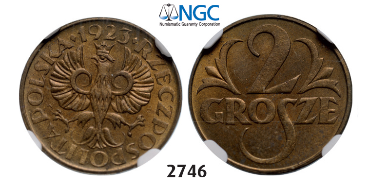 05.05.2013, Auction 2/ 2746. Poland, Second Republic of Poland, 1919-1939, 2 Grosze 1923, Warsaw, Brass, NGC MS63