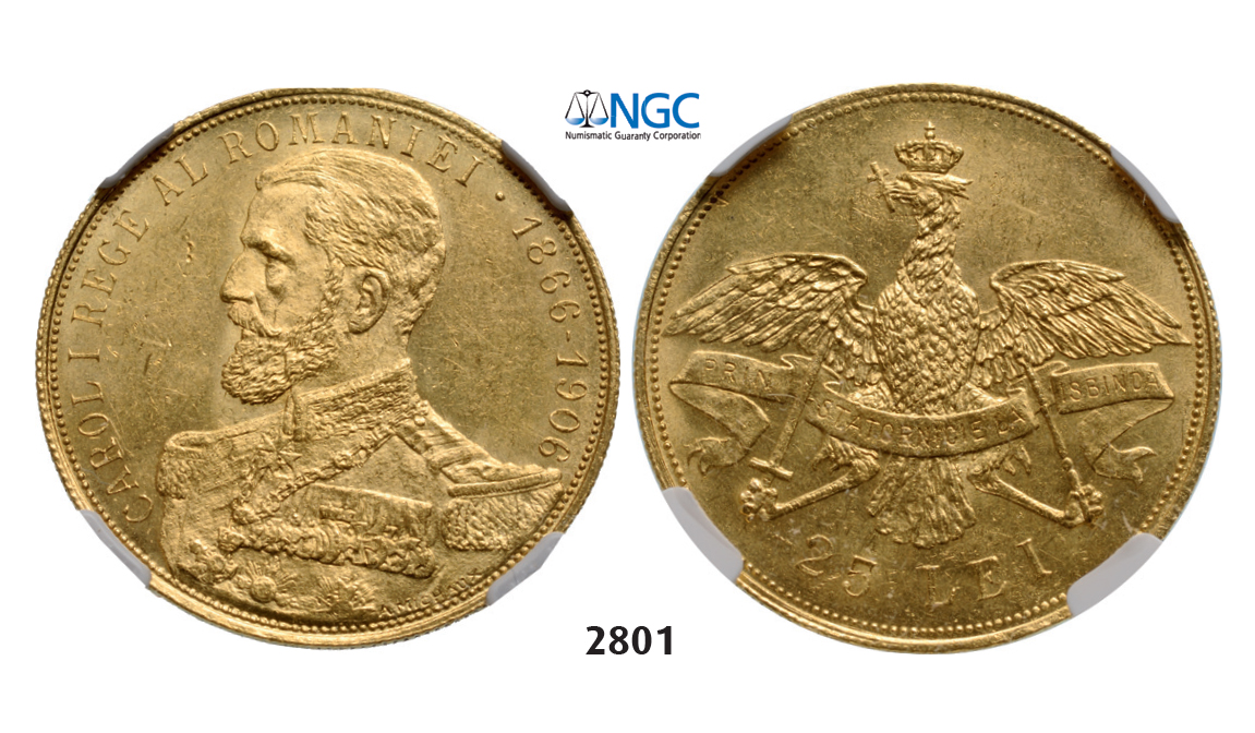 05.05.2013, Auction 2/2801. Romania, Carol I, 1866-1914, 25 Lei, No Date (1906) Brussels, GOLD, NGC MS62