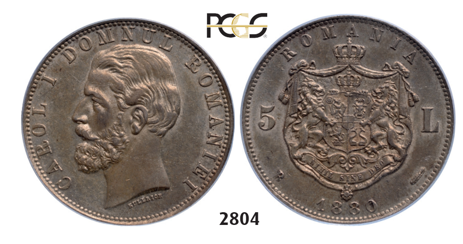 05.05.2013, Auction 2/2804. Romania, Carol I, 1866-1914,50 Lei, 5 Lei 1880-B, Bucharest, Silver, PCGS AU55