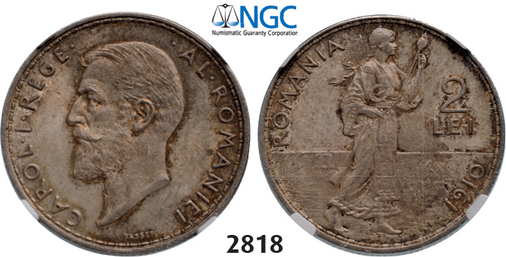 05.05.2013, Auction 2/2818. Romania, Carol I, 1866-1914, 2 Lei 1910, Hamburg, Silver, NGC MS64