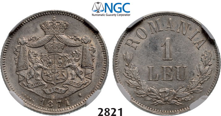 05.05.2013, Auction 2/2821. Romania, Carol I, 1866-1914, Leu 1874, Brussels, Silve, NGC AU58