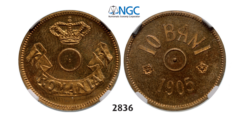05.05.2013, Auction 2/2836. Romania, Carol I, 1866-1914, Pattern 10 Bani 1905, Brussels, Brass, NGC MS63
