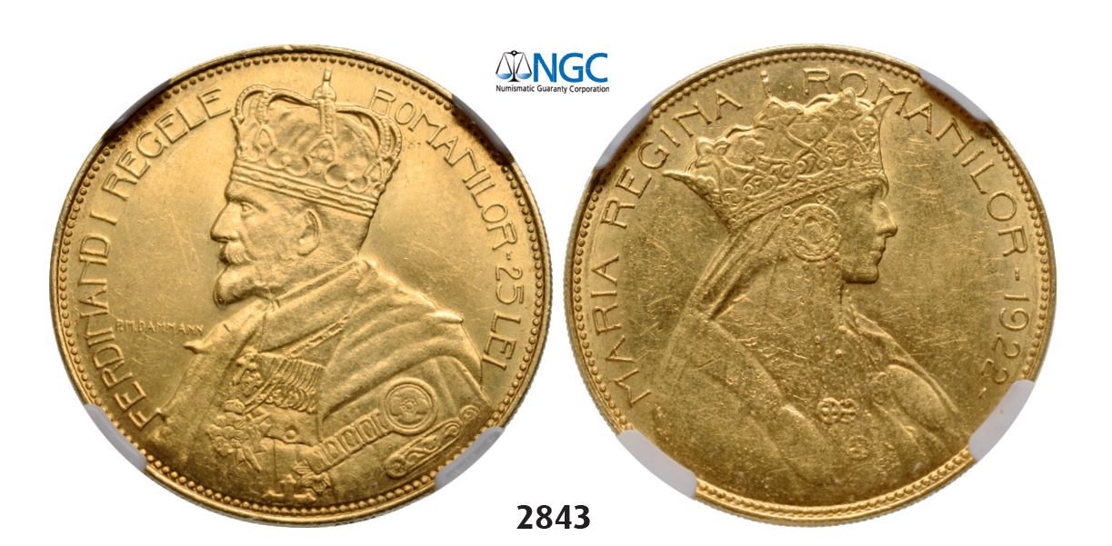 05.05.2013, Auction 2/2843. Romania, Ferdinand I, 1914-1927, 25 Lei 1922, London, GOLD, NGC MS62