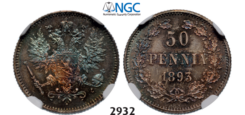 05.05.2013, Auction 2/2932. Russia, For Finland, 50 Penniä 1893-L, Helsingfors, Silver, NGC MS66
