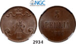 05.05.2013, Auction 2/2934. Russia, For Finland, 5 Penniä 1889, Helsingfors, Copper, NGC MS64BN
