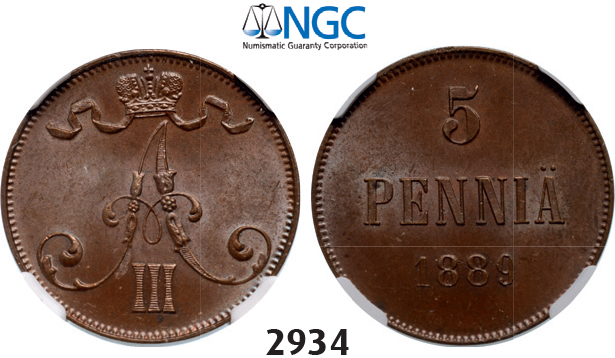 05.05.2013, Auction 2/2934. Russia, For Finland, 5 Penniä 1889, Helsingfors, Copper, NGC MS64BN