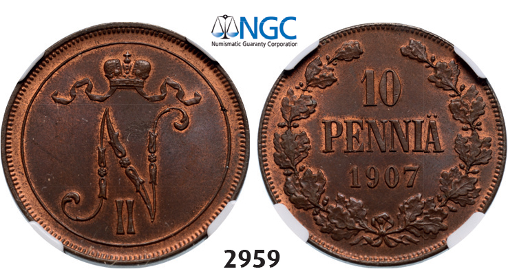 05.05.2013, Auction 2/2959. Russia, For Finland, 10 Penniä 1907, Helsingfors, Copper, NGC MS64BN