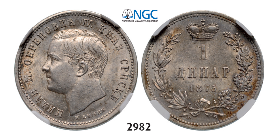 05.05.2013, Auction 2/2982. Serbia, Milan I. Obrenovic, 1868-1889, Dinar 1875, Vienna, Silver, NGC AU58
