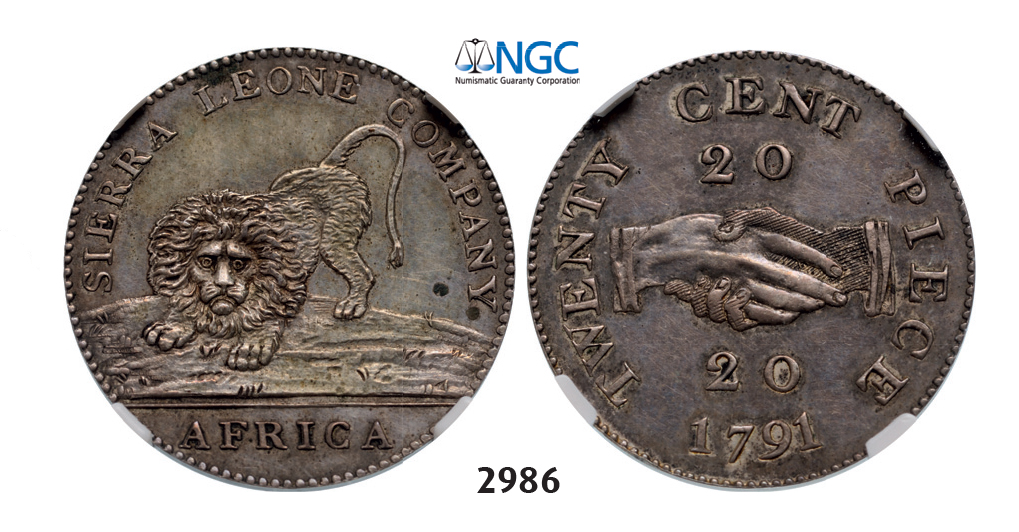05.05.2013, Auction 2/ 2986. Sierra Leone, British Colony-Sierra Leone Company, 20 Cents 1791, Silver, NGC AU58