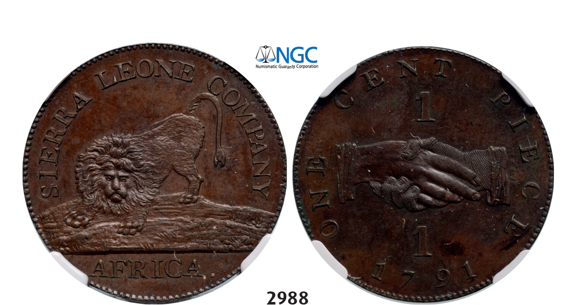 05.05.2013, Auction 2/2988. Sierra Leone, British Colony-Sierra Leone Company, Cent 1791, Bronze, NGC PF63BN