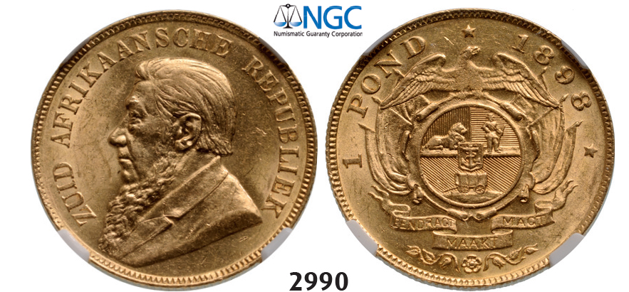 05.05.2013, Auction 2/2990. South Africa, Zuid-Afrikaansche Republiek (ZAR), Pond 1898, GOLD, NGC MS63