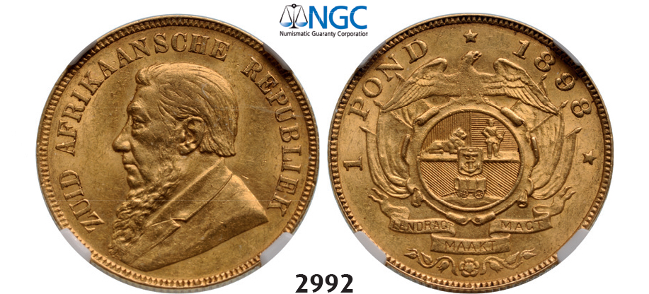05.05.2013, Auction 2/ 2992. South Africa, Zuid-Afrikaansche Republiek (ZAR), Pond 1898, GOLD, NGC MS62