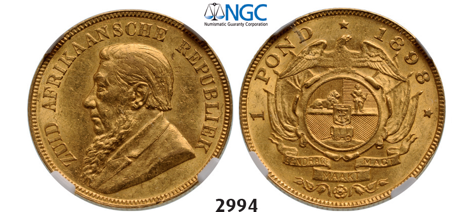 05.05.2013, Auction 2/2994. South Africa, Zuid-Afrikaansche Republiek (ZAR), Pond 1898, GOLD, NGC MS62