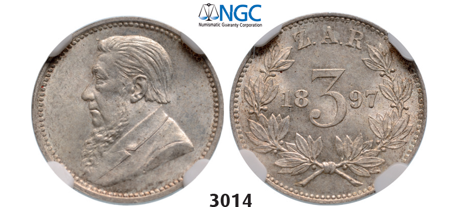 05.05.2013, Auction 2/3014. South Africa, Zuid-Afrikaansche Republiek (ZAR), 3 Pence 1897, Silver, NGC MS64