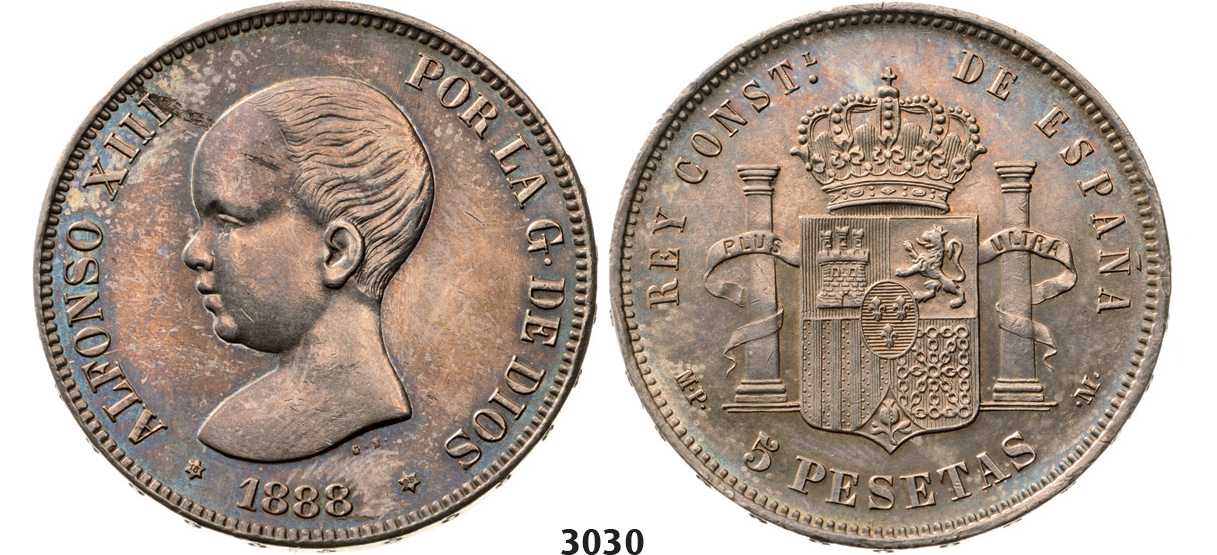 05.05.2013, Auction 2/3030. Spain, Alfonso XIII, 1886-1931, 5 Pesetas 1888 (88) MPM, Madrid, Silver