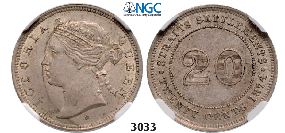 05.05.2013, Auction 2/3033. Straits Settlements (Singapore/Malaysia), Victoria, 1837-1901, 20 Cents 1874-H, Heaton, Birmingham, Silver , NGC AU58