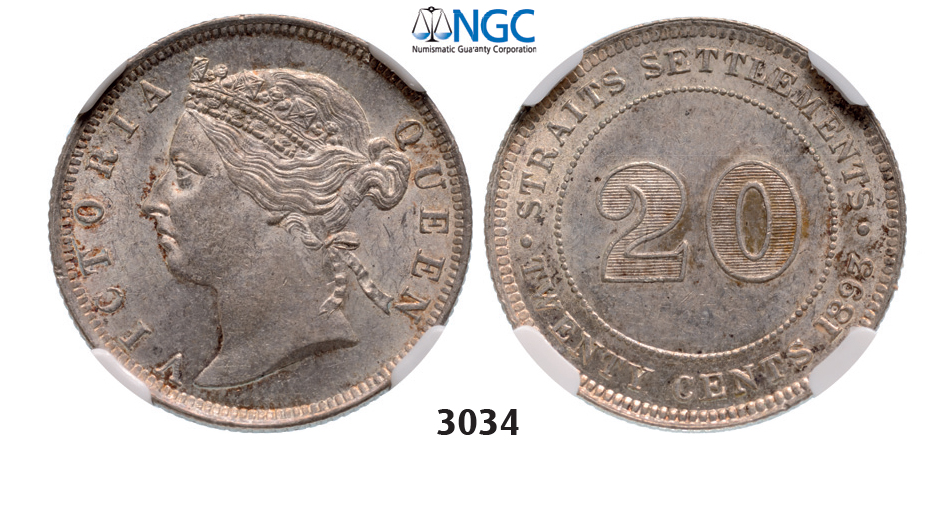 05.05.2013, Auction 2/3034. Straits Settlements (Singapore/Malaysia), Victoria, 1837-1901, 20 Cents 1893, Silver , NGC MS62