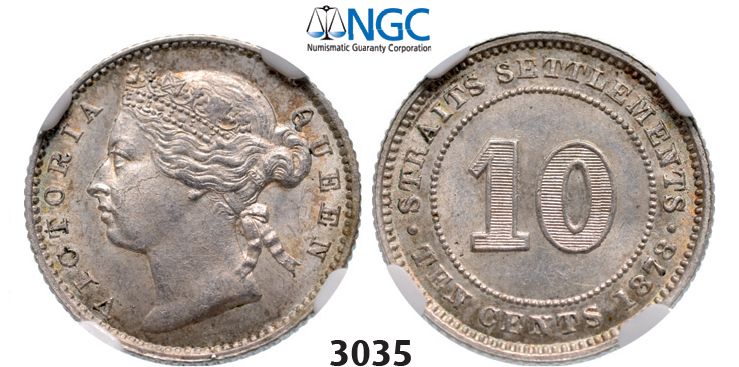 05.05.2013, Auction 2/3035. Straits Settlements (Singapore/Malaysia), Victoria, 1837-1901, 10 Cents 1878, Silver, NGC MS63