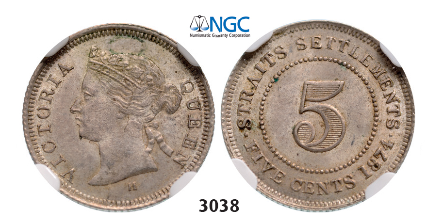 05.05.2013, Auction 2/3038. Straits Settlements (Singapore/Malaysia), Victoria, 1837-1901, 5 Cents 1874-H, Heaton, Birmingham, Silver, NGC MS62