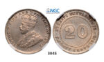 05.05.2013, Auction 2/3045. Straits Settlements (Singapore/Malaysia), George V, 1910-1936, 20 Cents 1919-B, Bombay, Silver, NGC MS63