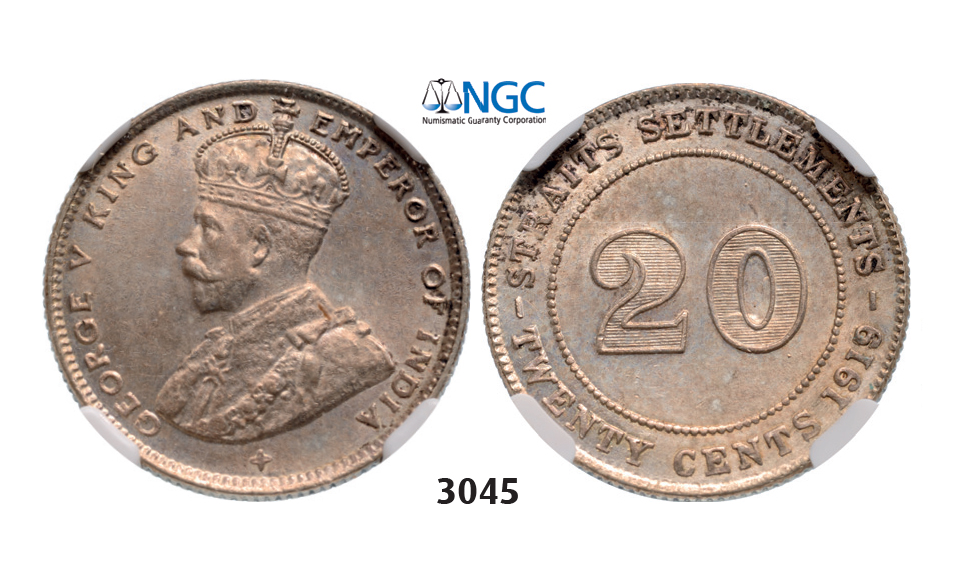 05.05.2013, Auction 2/3045. Straits Settlements (Singapore/Malaysia), George V, 1910-1936, 20 Cents 1919-B, Bombay, Silver, NGC MS63