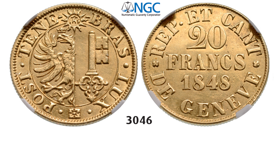 05.05.2013, Auction 2/3046. Switzerland, Swiss Cantons, Geneva, 20 Francs 1848, GOLD, NGC AU58