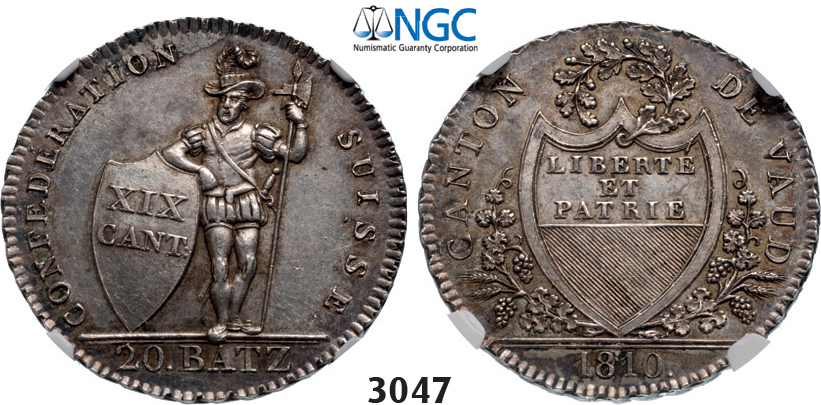 05.05.2013, Auction 2/3047. Switzerland, Vaud, 20 Batzen 1810, Silver, NGC AU58
