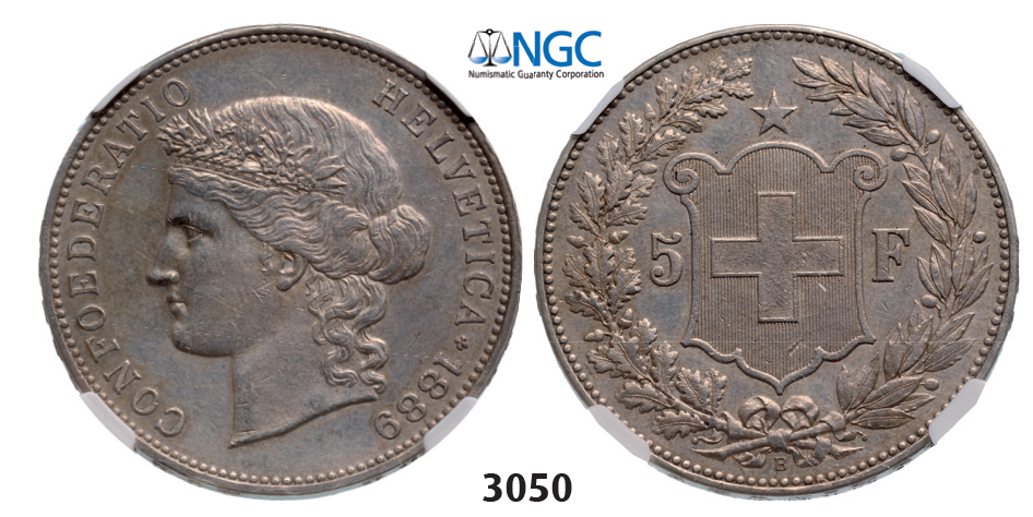 05.05.2013, Auction 2/3050. Switzerland, Helvetian Republic, 5 Francs 1889-B, Bern, Silver , NGC AU58
